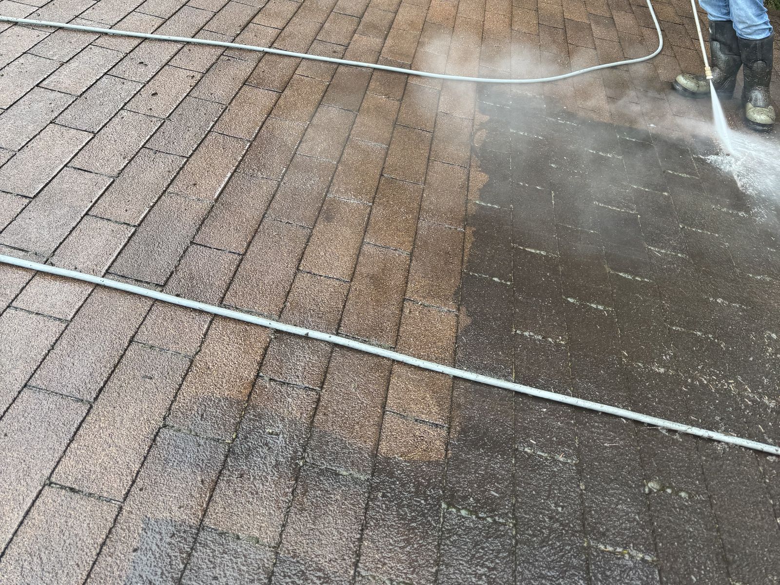 Joel's son Timothy pressure washing an asphalt shingle roof, a clear line between the washed shingles and the dirty ones